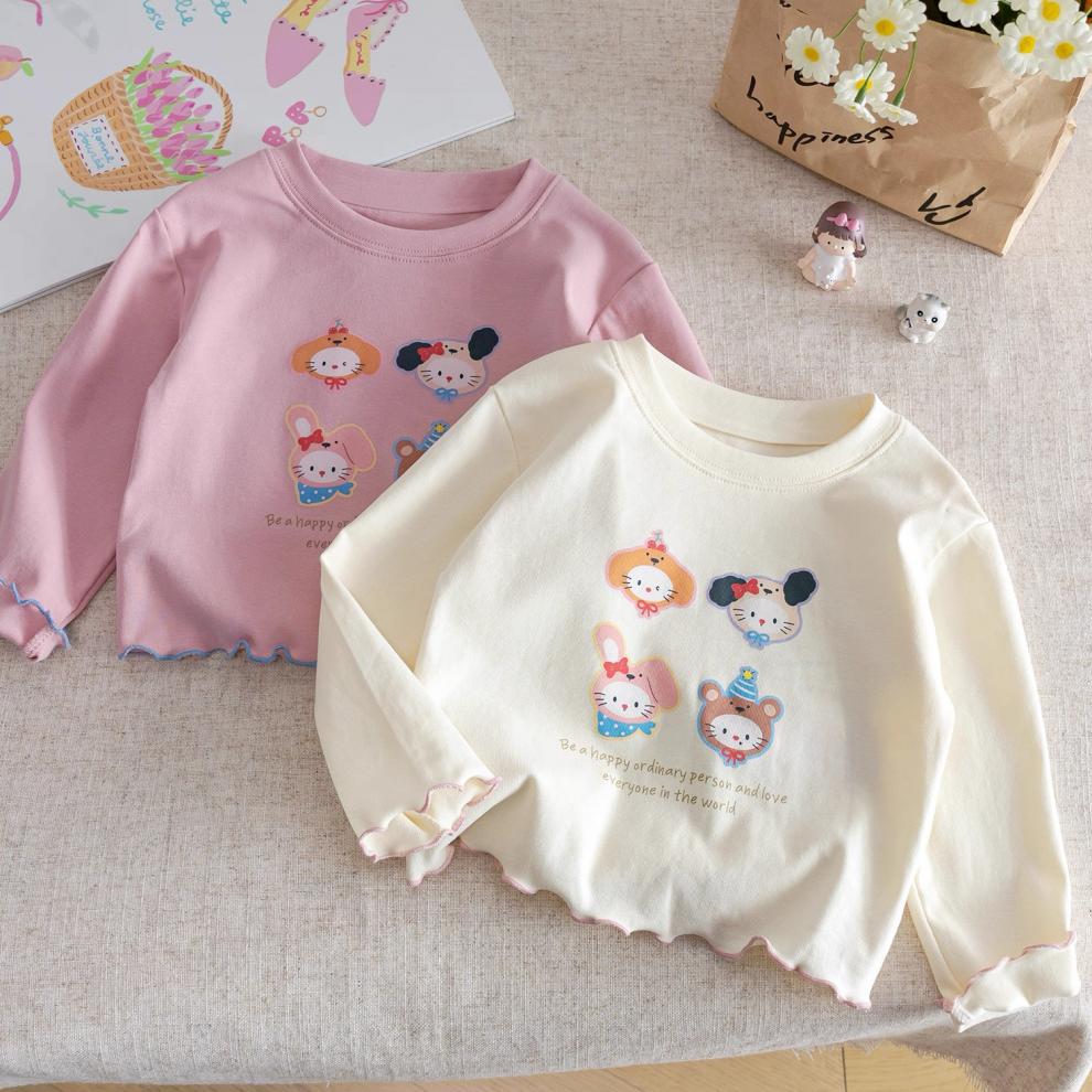 Girls Cotton Long Sleeve T Shirt Spring Autumn Korean Cartoon Print Round Neck Ruffle Hem Baby Top