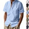 Men's Summer Loose Linen T-Shirt Solid Color American Style Henley Neck Short Sleeve Shirt Breathable Casual Beach Tops Men European  American Fashion