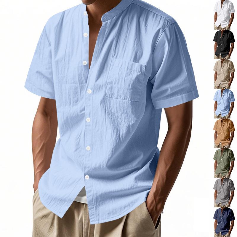 Men's Summer Loose Linen T-Shirt Solid Color American Style Henley Neck Short Sleeve Shirt Breathable Casual Beach Tops Men European American Fashion