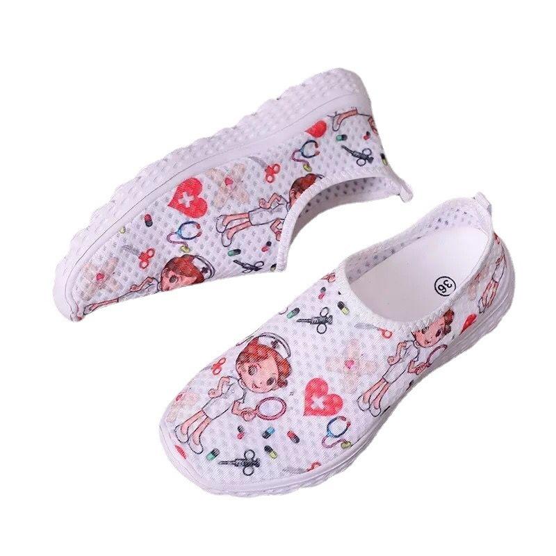 Spring and Summer New Large Size Breathable Mesh Casual Single Shoes Women's Size Lazy Shoes Round Head Flat Bottom Cartoon Women's Shoes