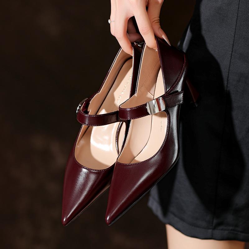 

Женские туфли на высоком каблуке из овчины, тонкий каблук с острым носком, не утомляют ноги, туфли-лодочки с ремешком на щиколотке, темпераментные весенне-осенние новые модели 34 бордовый