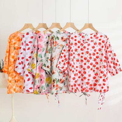 T-shirt à manches mi-longues, Imprimé floral doux, Haut élégant à cordon de serrage, Pull fin d'été grande taille