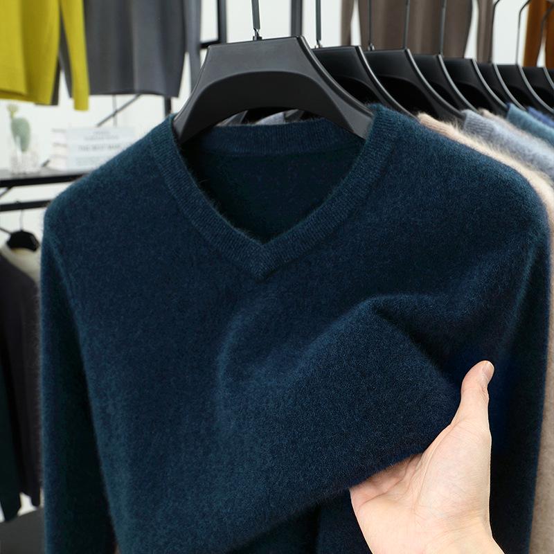 High-End Cashmere Thick V-Neck Wool Sweater for Men: Middle-Aged & Young, Warm Knitted Pullover