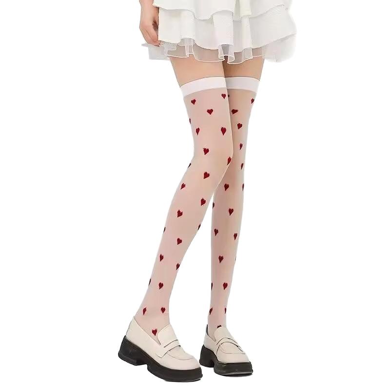 1 Pair Date Look Party Over-the-Knee Socks Valentine's Day Red Heart Pattern Cute One Size Sexy Black/White