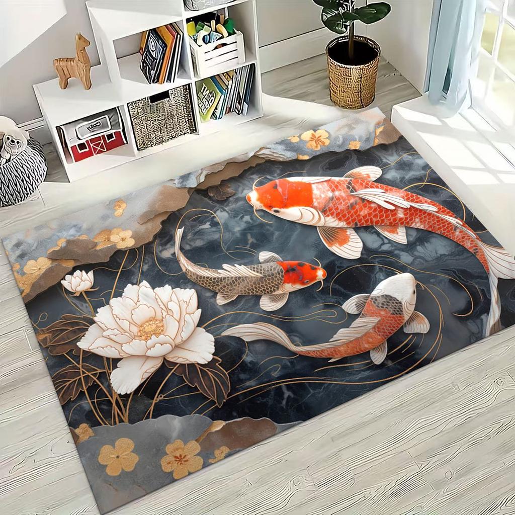 Luxurious Lucky Koi Fish Yin Yang Carp Cartoon Rug for Bedroom Living Room Sofa Home Doormat Decor,Large Kids Non-slip Floor Mat