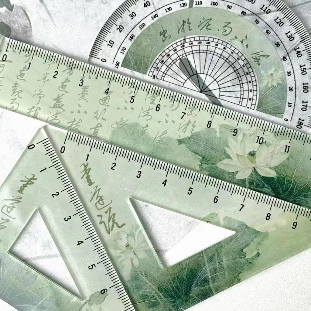 Righello di loto verde di poesia cinese, set da 4 pezzi, righello trasparente a triangolo, goniometro, cancelleria, articoli per il ritorno a scuola