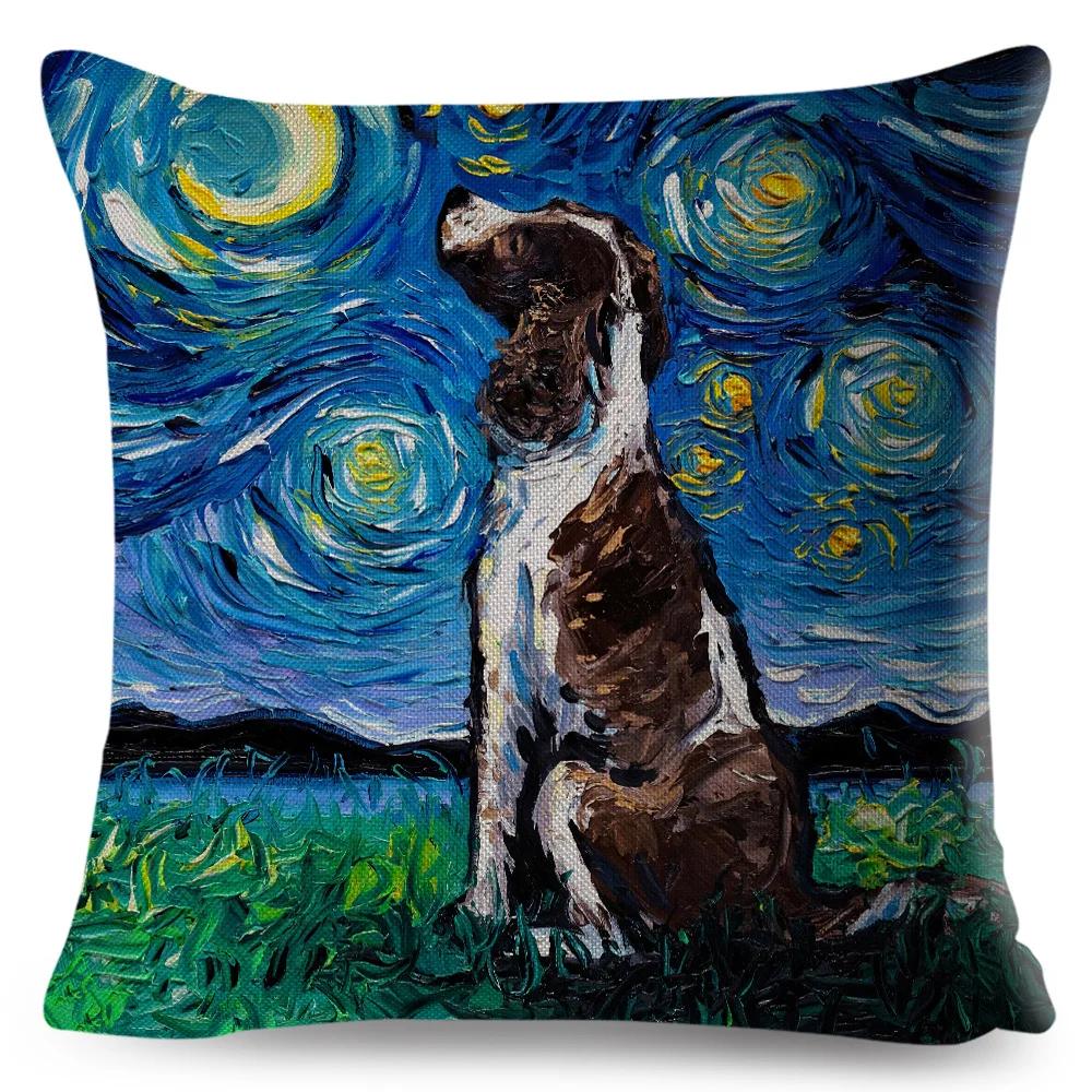 Both Sided Starry Sky Dog Cushion Cover Decor Oil Painting Cartoon Pet Animal Pillow Case for Sofa Home  Linen Pillowcase