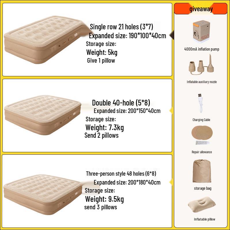 

Надувной матрас для кемпинга на открытом воздухе: Влагозащитный, Утолщенный, Портативный Напольный Коврик для Палатки Triple Bed + 3 Pillows