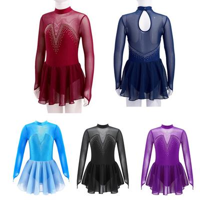 Girls Gymnastics Leotard Dress Long Sleeve, Round Collar Hollow Back Sparkly Rhinestone Mesh Splice Skating Ballet Performance Costume