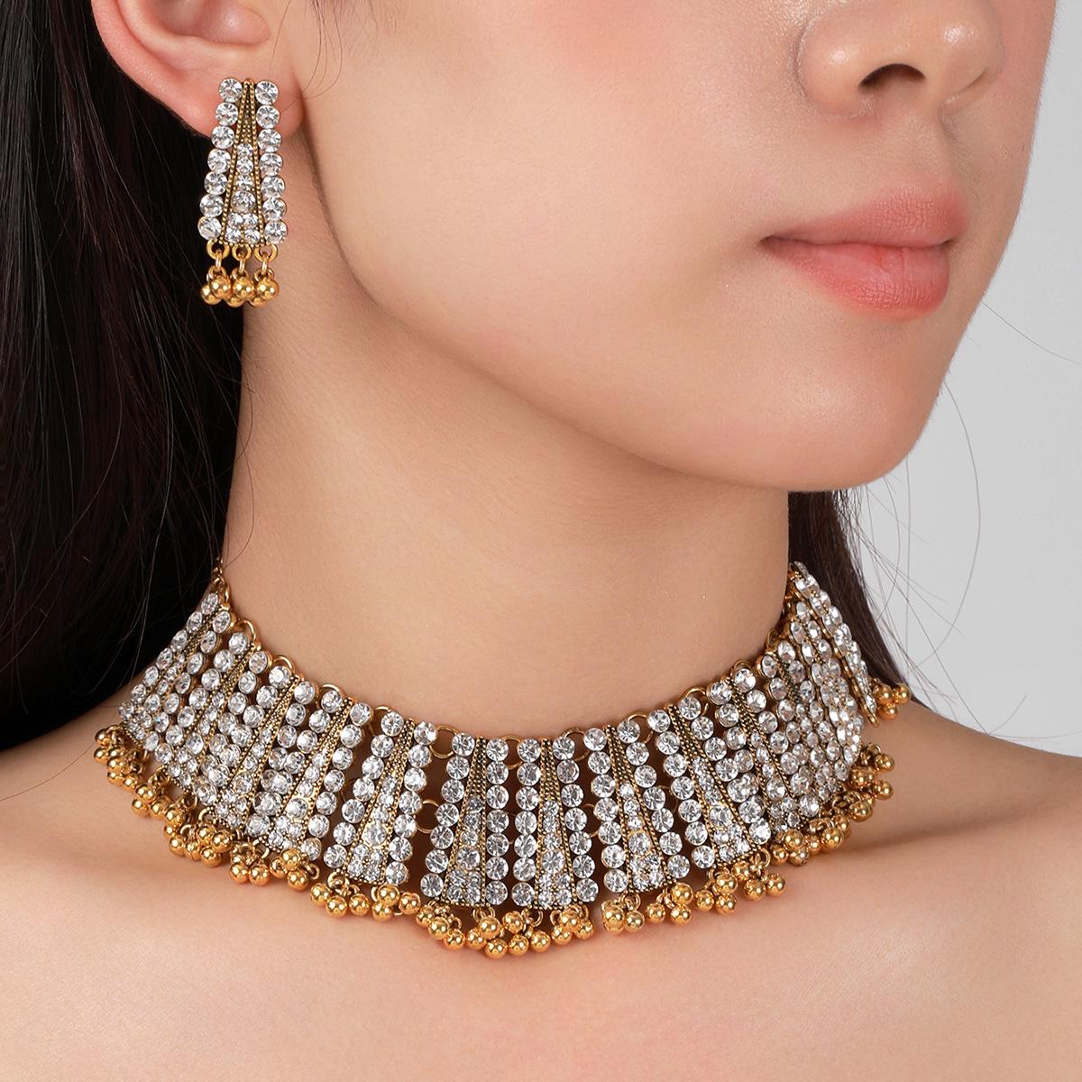 European Crystal & Diamond Inlaid Pearl Tassel Necklace