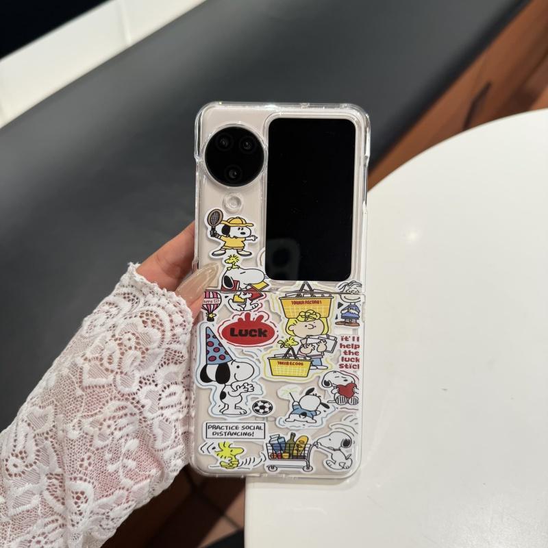Cartoon Cute Snoopy Charlie friend seat Folding Magsafe Wireless Charge Phone Case For OPPO Find N3Flip N2Flip Magnetic Holder