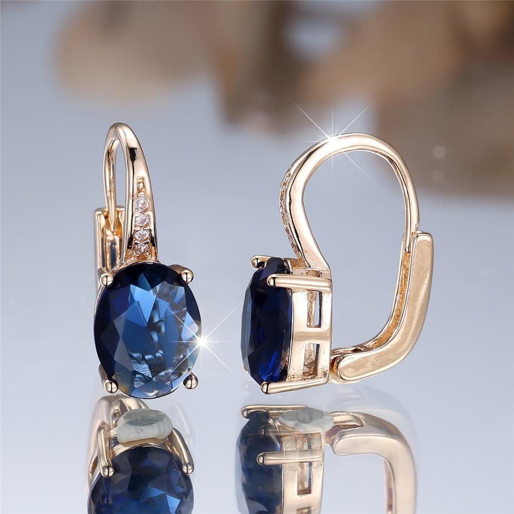 Trendy Crystal Blue Zircon Oval Stone Hoop Earrings For Women Vintage Gold Color Wedding
