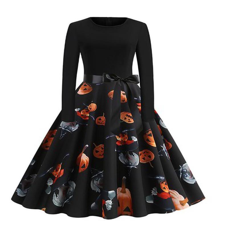 Women's Vintage Festival Long A-line Skirt Printed Round Neck Long Sleeve Swing Dress