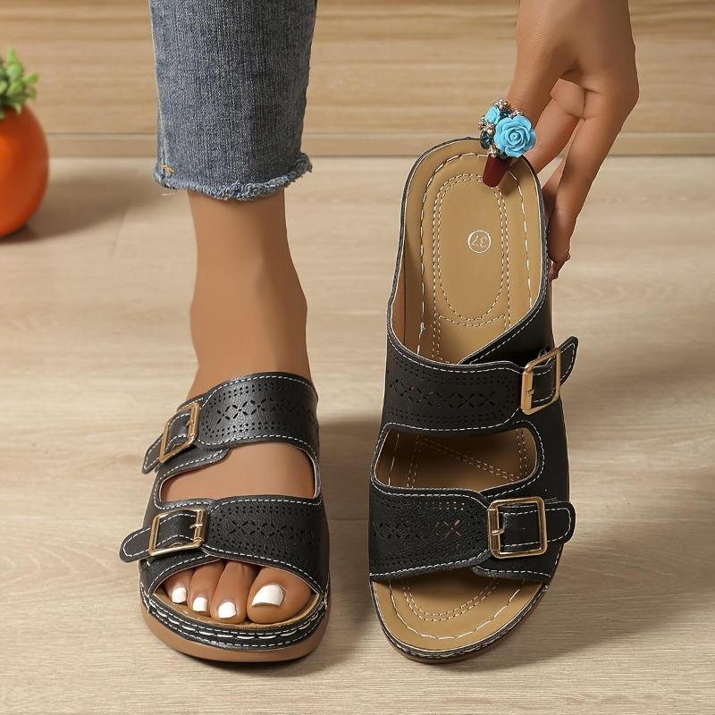 Women's Solid Color Casual Sandals, Platform Slip On Soft Sole Double Buckle Holiday Shoes, Cut Out Wedge Beach Shoes