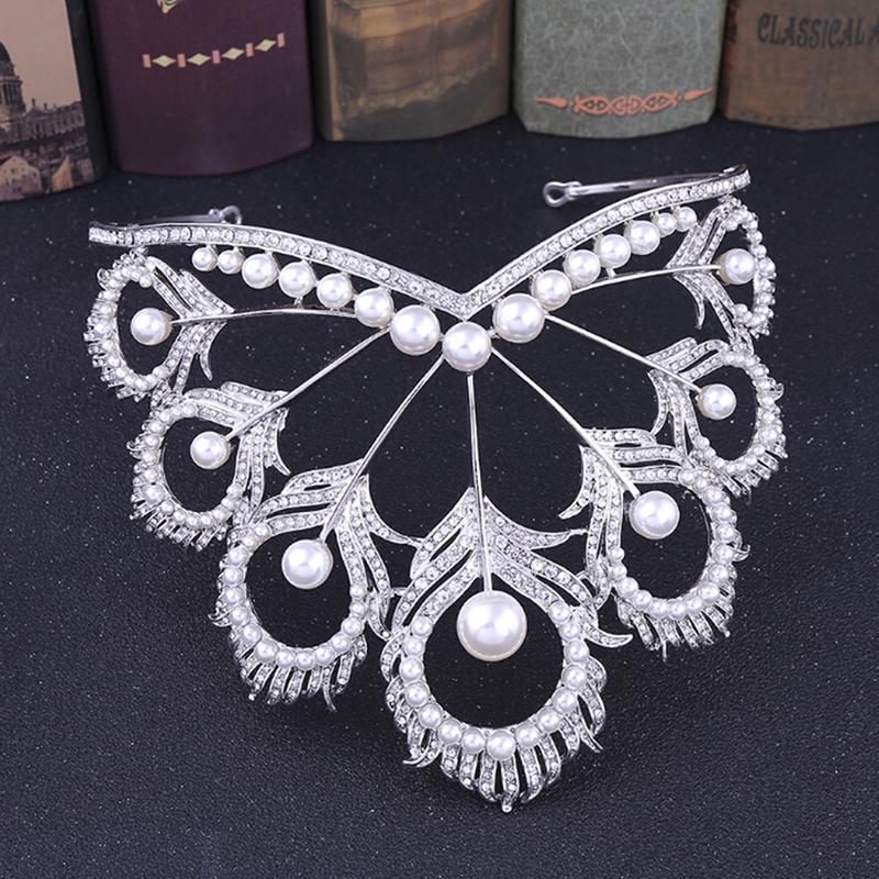 Tiara de Mireasă Perlată Handmade Coroană Mare de Păr Diademă pentru Petrecere/Concurs