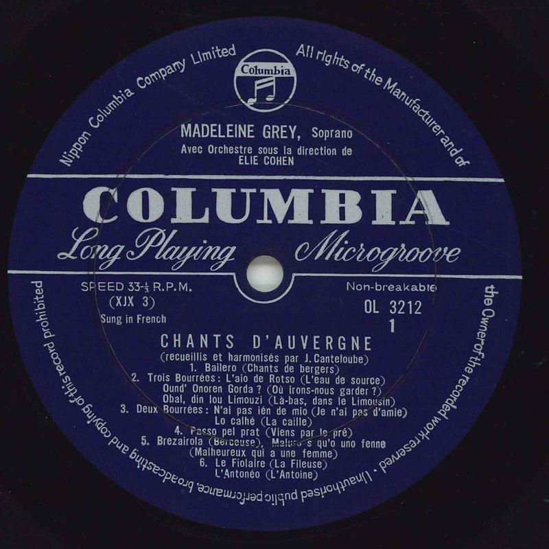 

LP Record MADELEINE GREY - Chants D`auvergne OL3212 COLUMBIA Japan World Music Used
