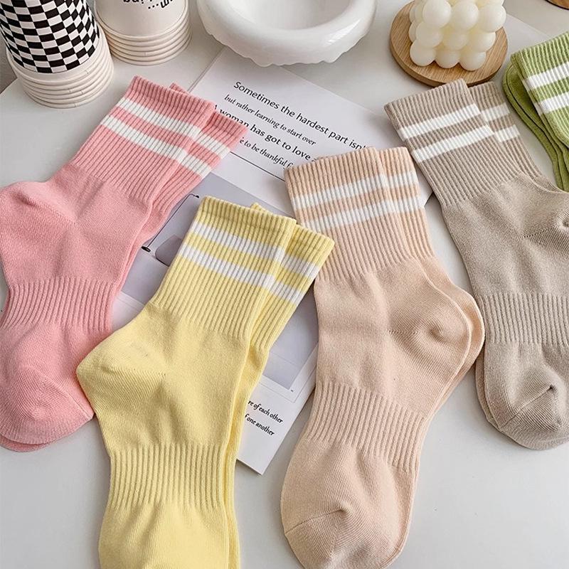 Women's Breathable Antibacterial Candy Color Mid-Calf Cotton Socks with Stripes