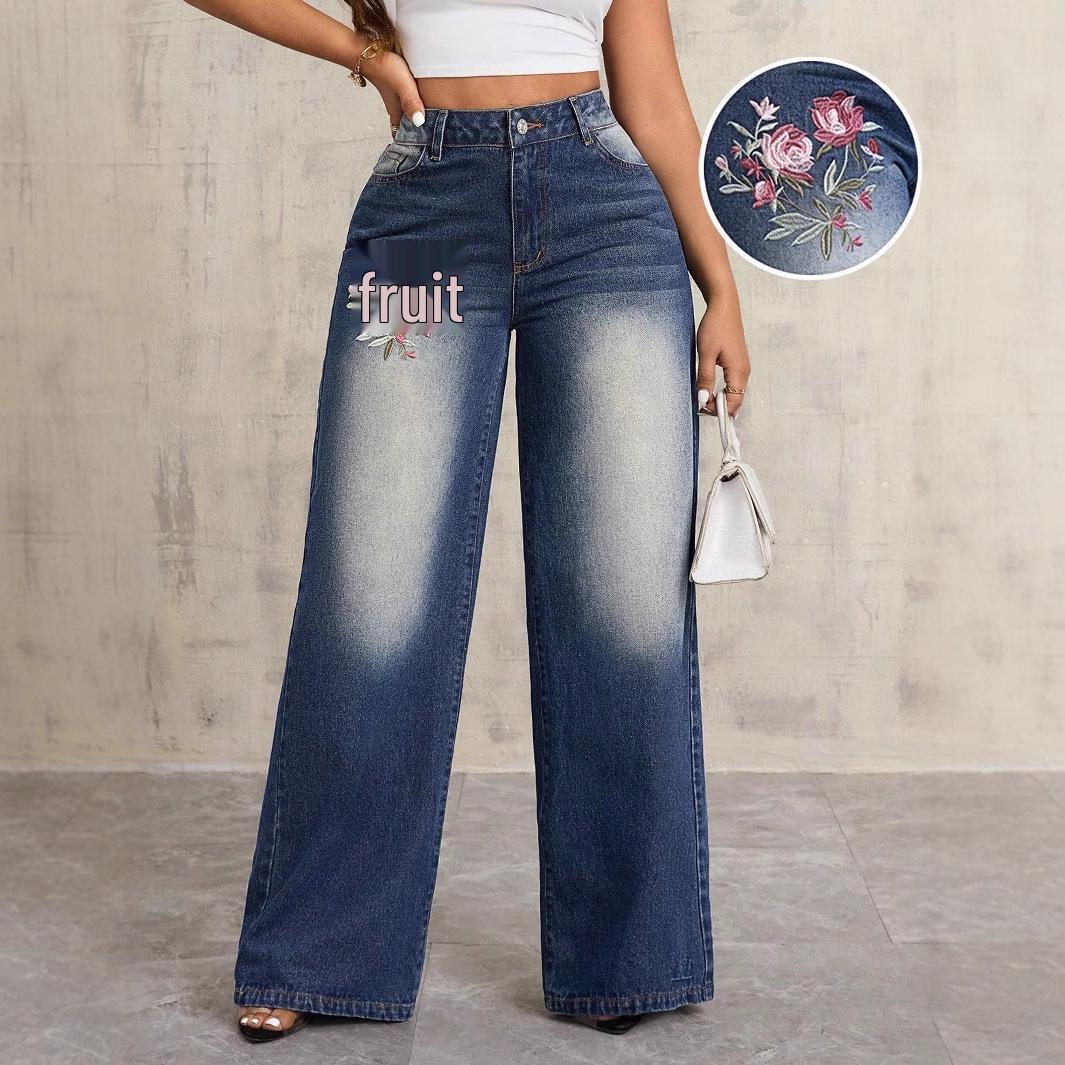 

Women s Retro Embroidered Wide-Leg Jeans S (26) синий