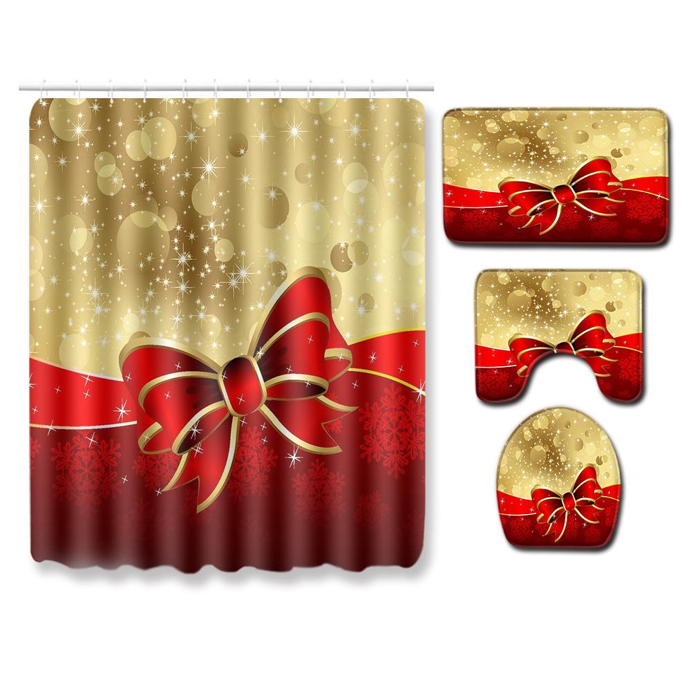 Christmas Four-Piece Shower Curtain Combination Floor Mat Set Bathroom Non-Slip Door Mat Absorbent Carpet