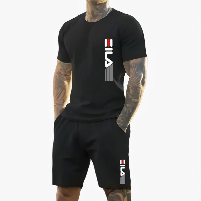 summer new casual sports suit Fashion breathable outdoor men's short-sleeved T-shirt + training shorts two-piece set