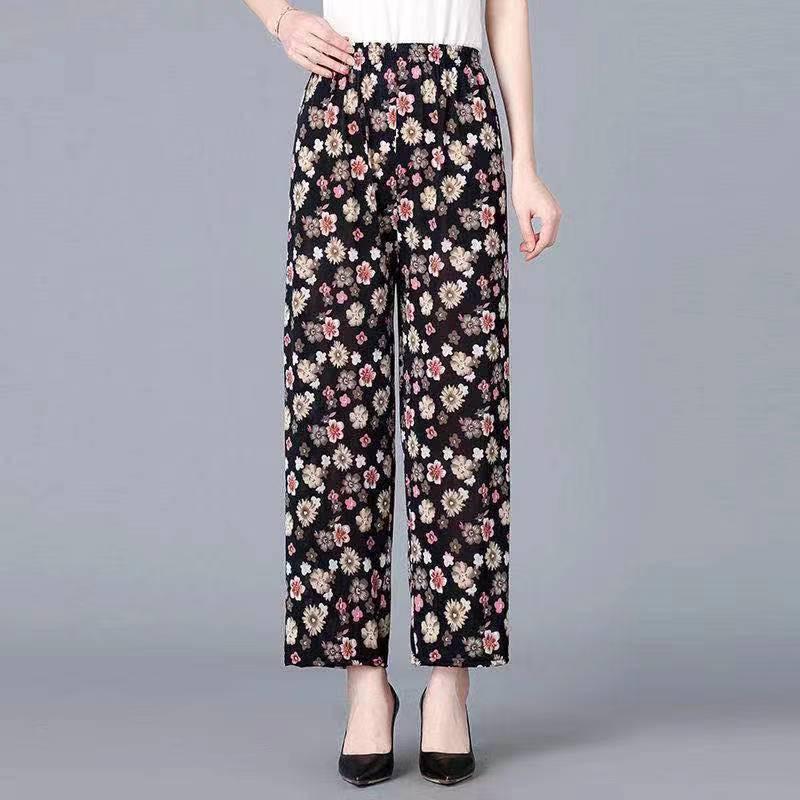 Pantalones Sueltos de Seda Helada de Cintura Alta para Mujer: A Prueba de Mosquitos, Longitud de Nueve Puntos, Talla Grande, Corte Informal