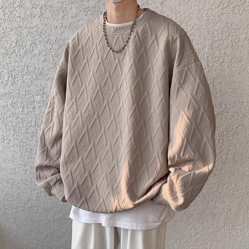 Crew Neck Jacquard Sweater Men's Long-sleeved T-shirt Spring and Autumn American Loose Casual Men's Clothing Without Hat and Bottoming Shirt