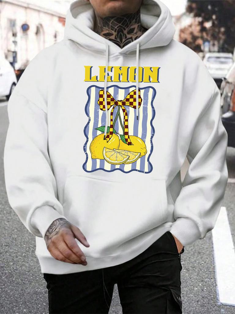 Creative Lemon Fruit Bow Print Men Hoodies Multicolor Pocket Hoodie Fleece Autumn Male Clothing Casual All-Match Streetwear