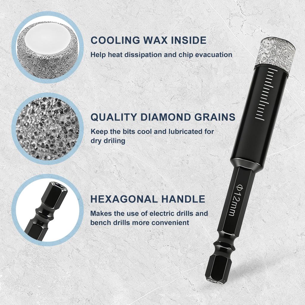 Hexagonal Shank Brazed Dry Diamond Drill Bit 5‑16mm Hole Saw for Granite Porcelain Stone, Professional Sharp Hole Opener Cutter
