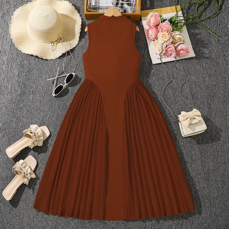 Girls' Fashionable Dress for Summer, Children's Elegant Solid-color Stand-up Collar Pleated Sleeveless Long Dress