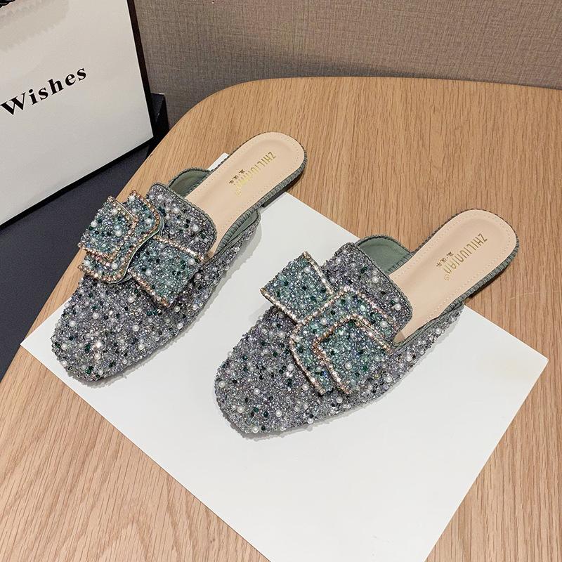 Women Elegant Summer Versatile Flat Sole Square Toe Lady Slippers Bling Rhinestone Half Slippers Female Outside Muller Shoes