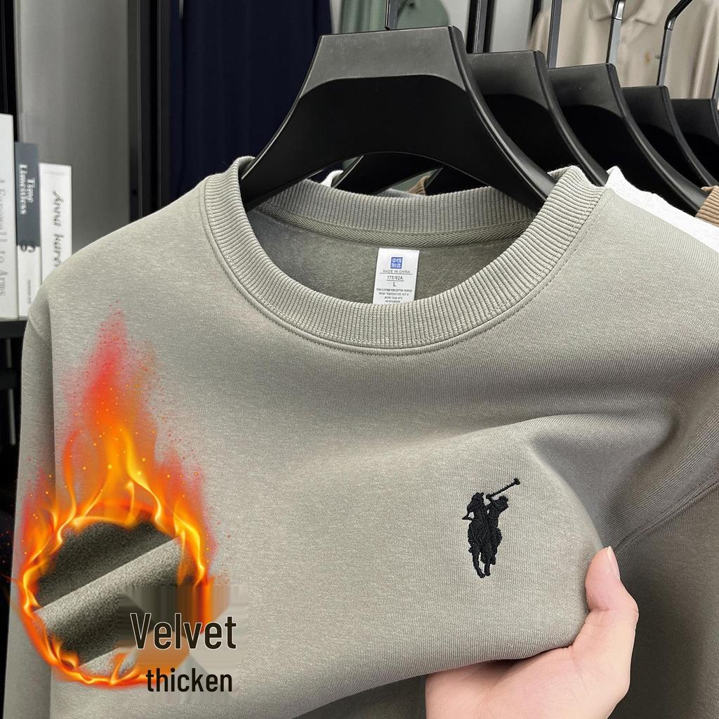 Herren 550g Hoodie mit Stickerei - Herbst/Winter 2025 Stil, Rundhals, Lässiges Basisshirt, Langarm, Baumwoll-T-Shirt