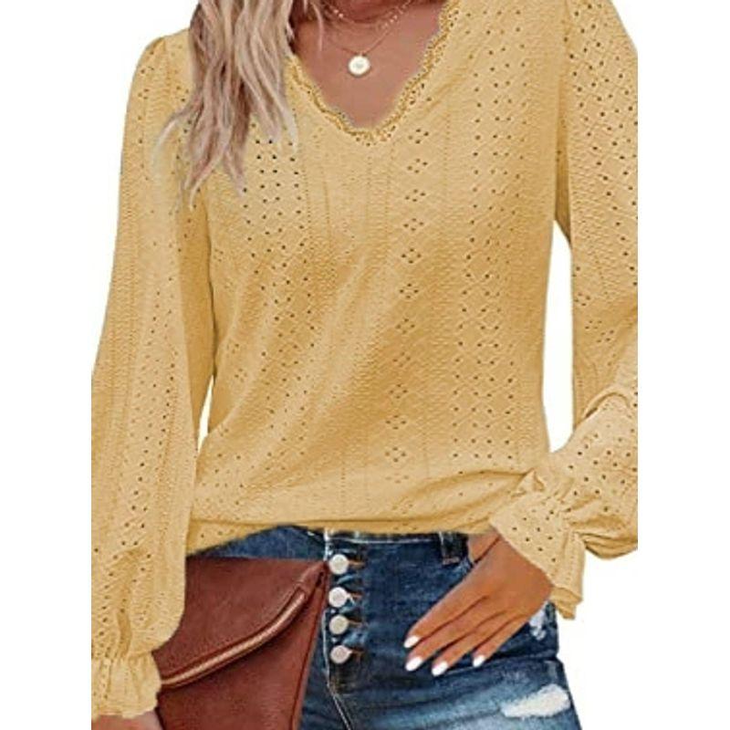 Loose Cutout V-neck Long-Sleeved Top European and American Loose Hollow out V-neck Long sleeve Top