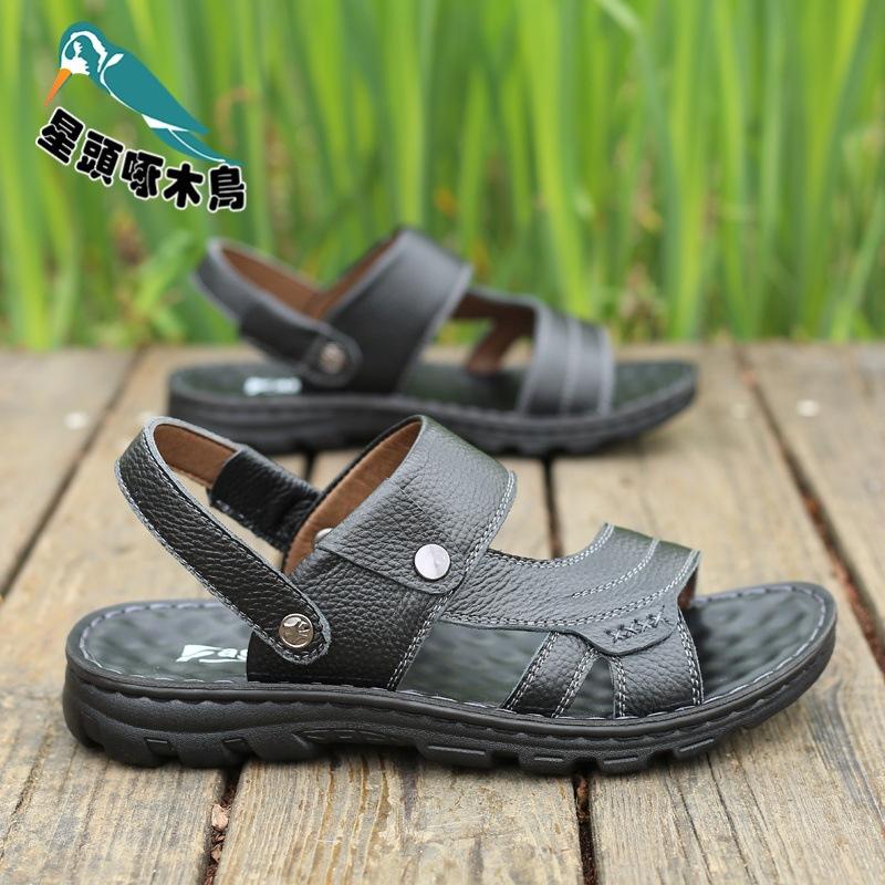 

Woodpecker sandals men s summer new casual leather dad shoes first layer cowhide soft sole two sandals 38 чёрный