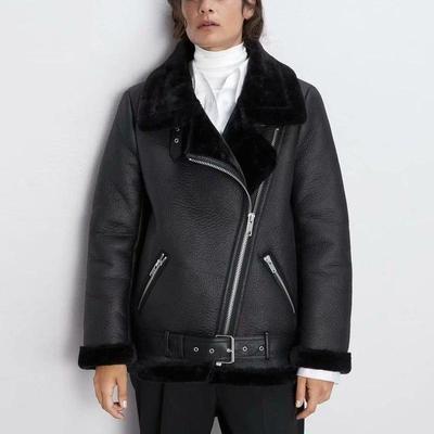Casaco de pele feminino outono e inverno integrado, lapela espessada, manga comprida, zíper inclinado, cinto de motocicleta, casaco de couro