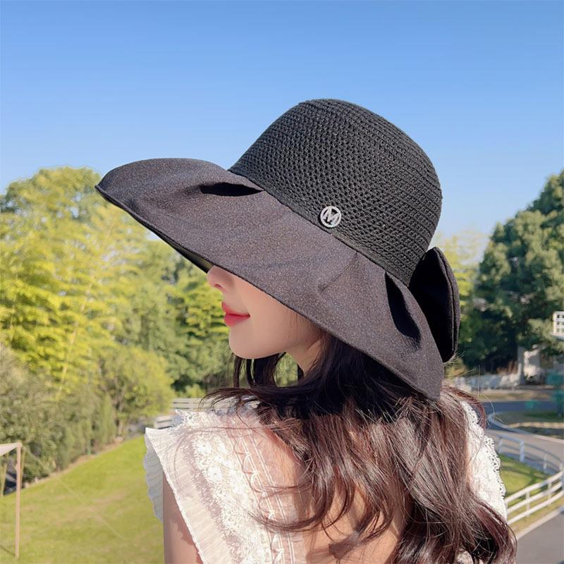 Summer Sunscreen Hat Female Face Cover Bow Hollow Bucket Hat Versatile Face Small Outdoor Sun Basin Hat