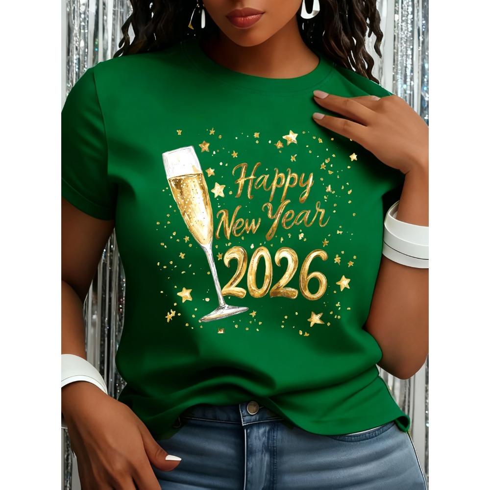 [Damen Frohes Neues Jahr T-Shirt] Damen wunderschönes goldenes 2026 Frohes Neues Jahr und Champagner Grafikdruck T-shirtlässiges T-Shirt