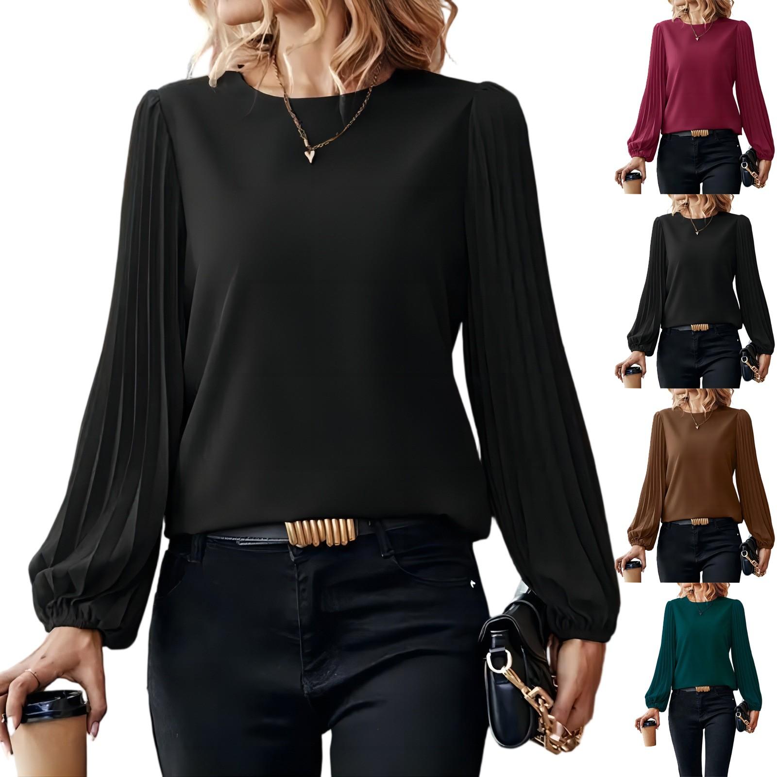 

Women s Pleated Long Sleeve Shirt Fashion Round Neck Retro Solid Color Casual Tops XXL винний