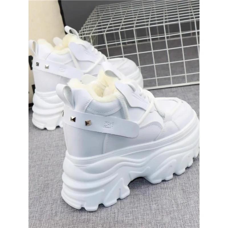 Fashion Winter High Top Leather Women Boots Platform Wedge Sneakers Chunky Shoes Hidden Heel 12CM White Black Women Casual Shoes
