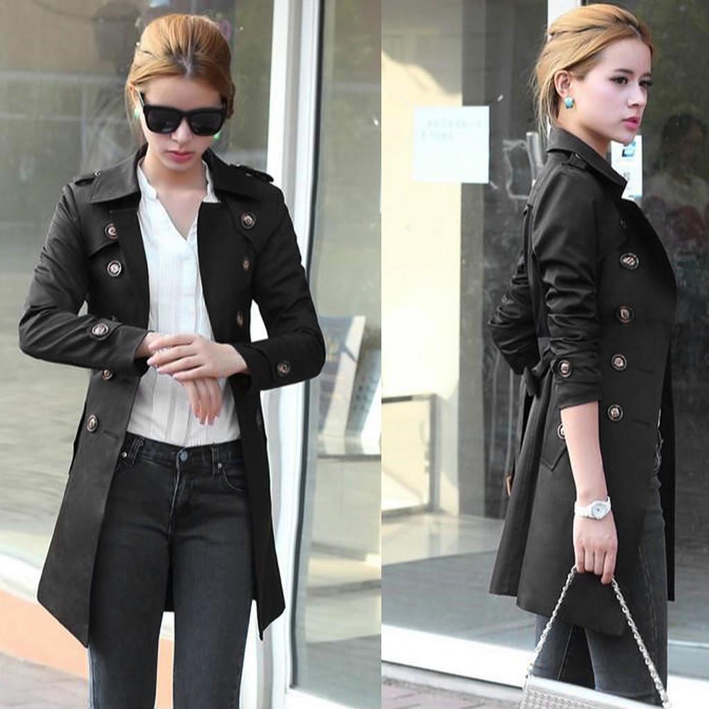 

Women Slim Windbreaker Double Breasted Long Trench Coat Jacket Overcoat Outwear XL чорний