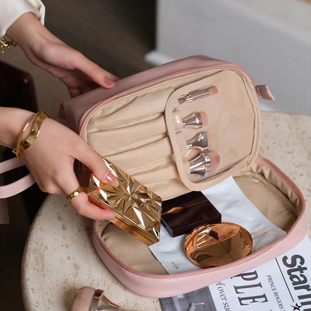 Bærbar Reise Kosmetikkveske PU Lær Kosmetikkoppbevaringsveske Stor Kapasitet Sminkeveske