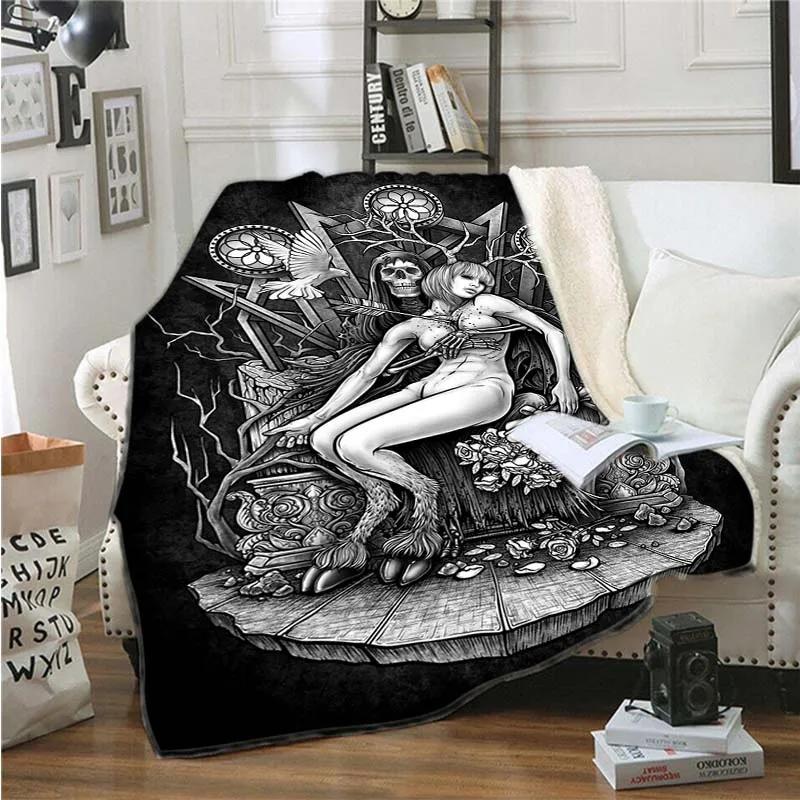 Tepper og kaster for voksne Barn Svart Satan Skull Kvinner Dødt hode Mystisk sirkel Esoterisk Halloween-teppe Demon-teppe