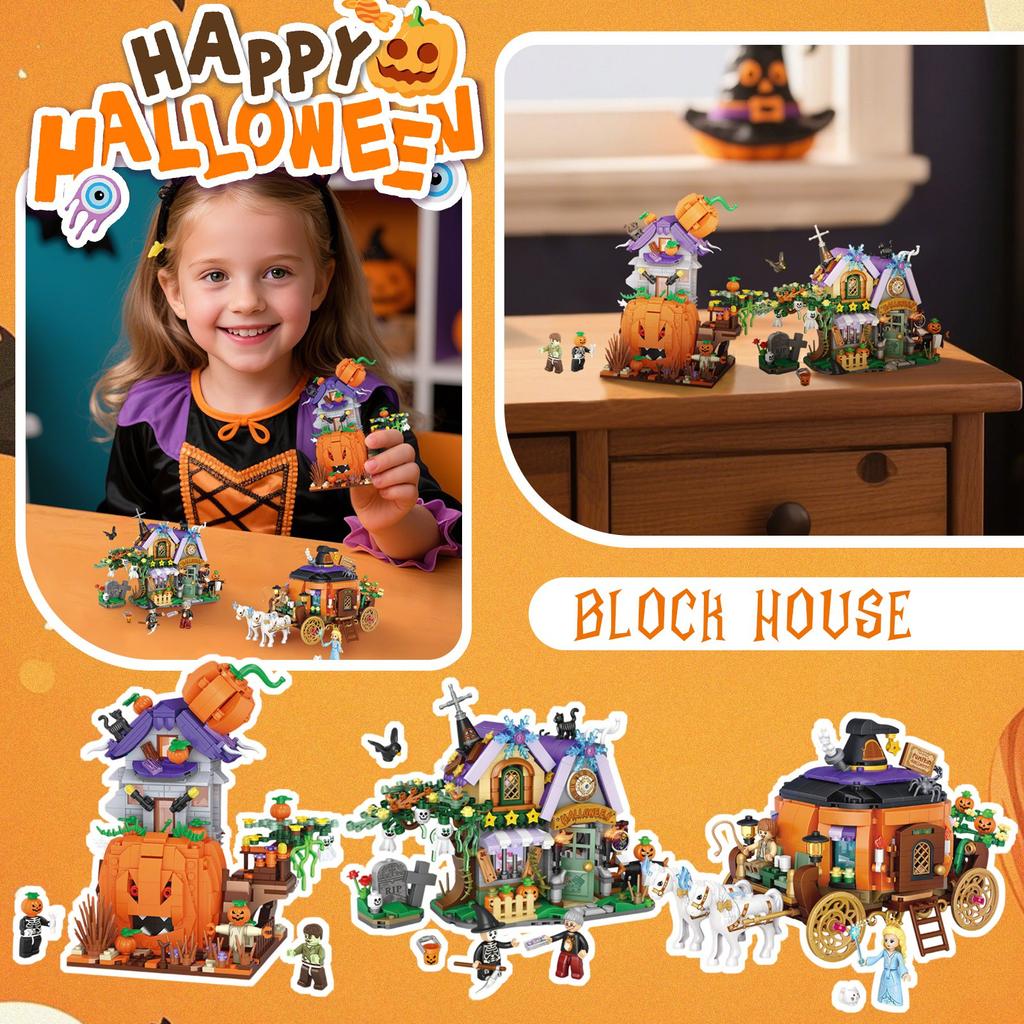 Halloween House Travel Pumpkin Carriage Haunted House Building BlocksSmall ParticleAssembly Toys