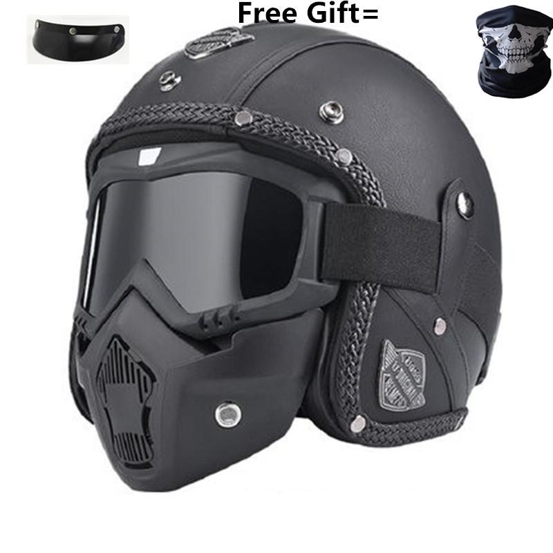 Retro Vintage Helmet Motorcycle 3/4 Open Face DOT approved visor PU leather Casco Moto Helmet Motocross helmets With Goggle Mask