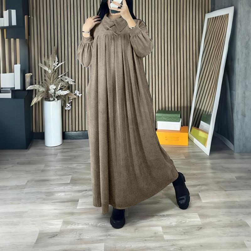 

ZANZEA Women Casual Turn Down Collar Long Sleeve Solid Color Long Dress 4XL коричневий