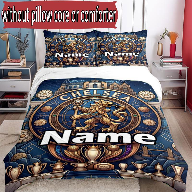 3pcs Duvet Cover Set (1*Duvet Cover + 2*Pillowcase, Without Core), Custom Name Chelsea Football Club Pattern Bedding Set, Home Bedroom Decor Gift