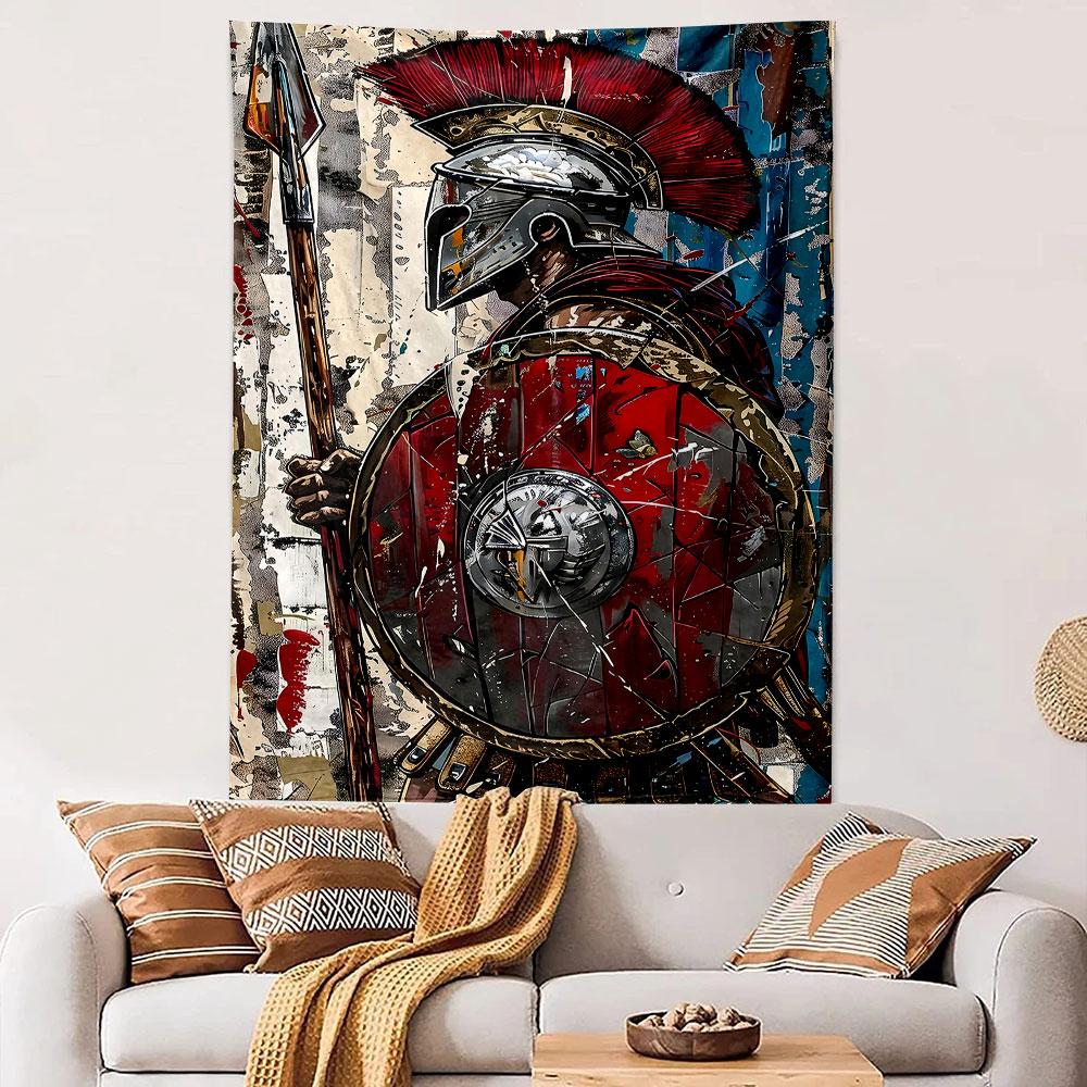 Roman Centurion Warrior Wall Tapestry Red Plume Helmet Spear Shield Graffiti Collage Art Decor for Man Cave Bedroom Gift