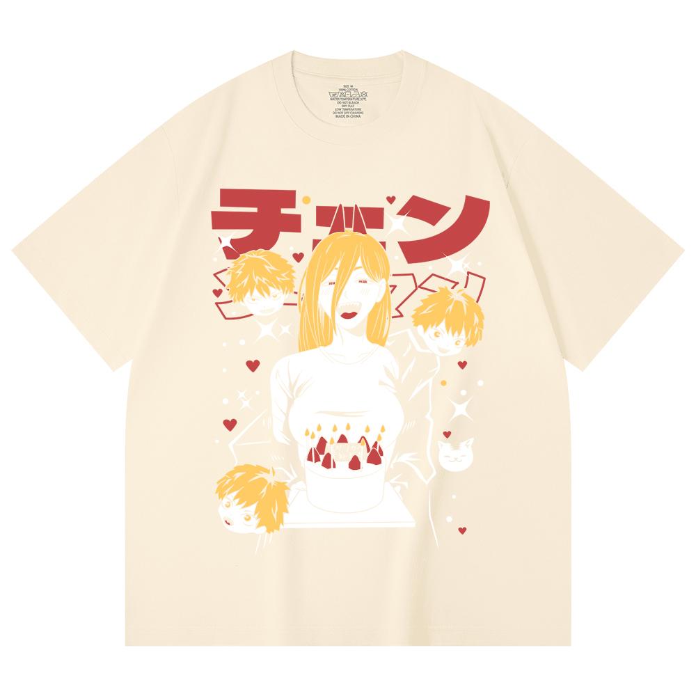 230 Gsm 100% Cotton Chainsaw Man V48 Power Cake Print Unisex Heavy Cotton T Shirt