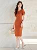Round Neck Puff Sleeve Slim Fit Midi Dress - Spring/Summer 2026 Women's Professional Commuting Style