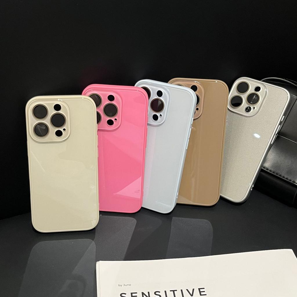 Korean Style High-End Simple Solid Color Glass Case Compatible with iPhone 16 Pro Max Apple 17 Phone Case 14/15