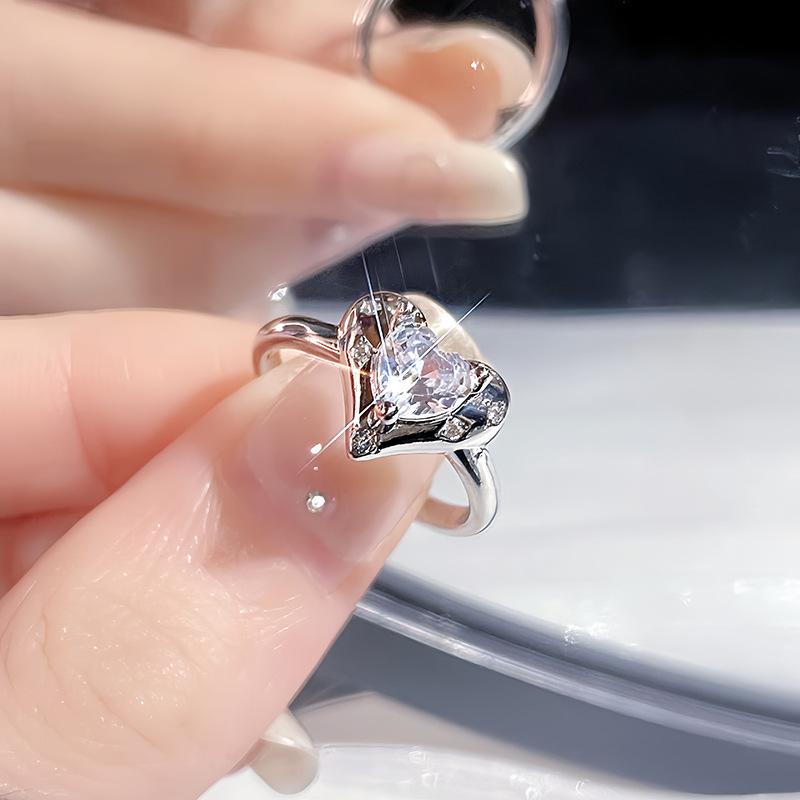 Heart Mang Qimeng~ Love Zircon Sweet Cool Wind Open Ring Diamond Ring Female Super Flash Fairy Ring Niche Index Finger Ring